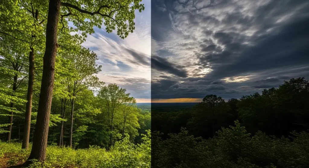 Obraz pokazujący uzyskanie efektu HDR na zdjęciu, zdjęcie lasu i nieba z HDR. Jak robić dobre zdjęcia krajobrazowe.