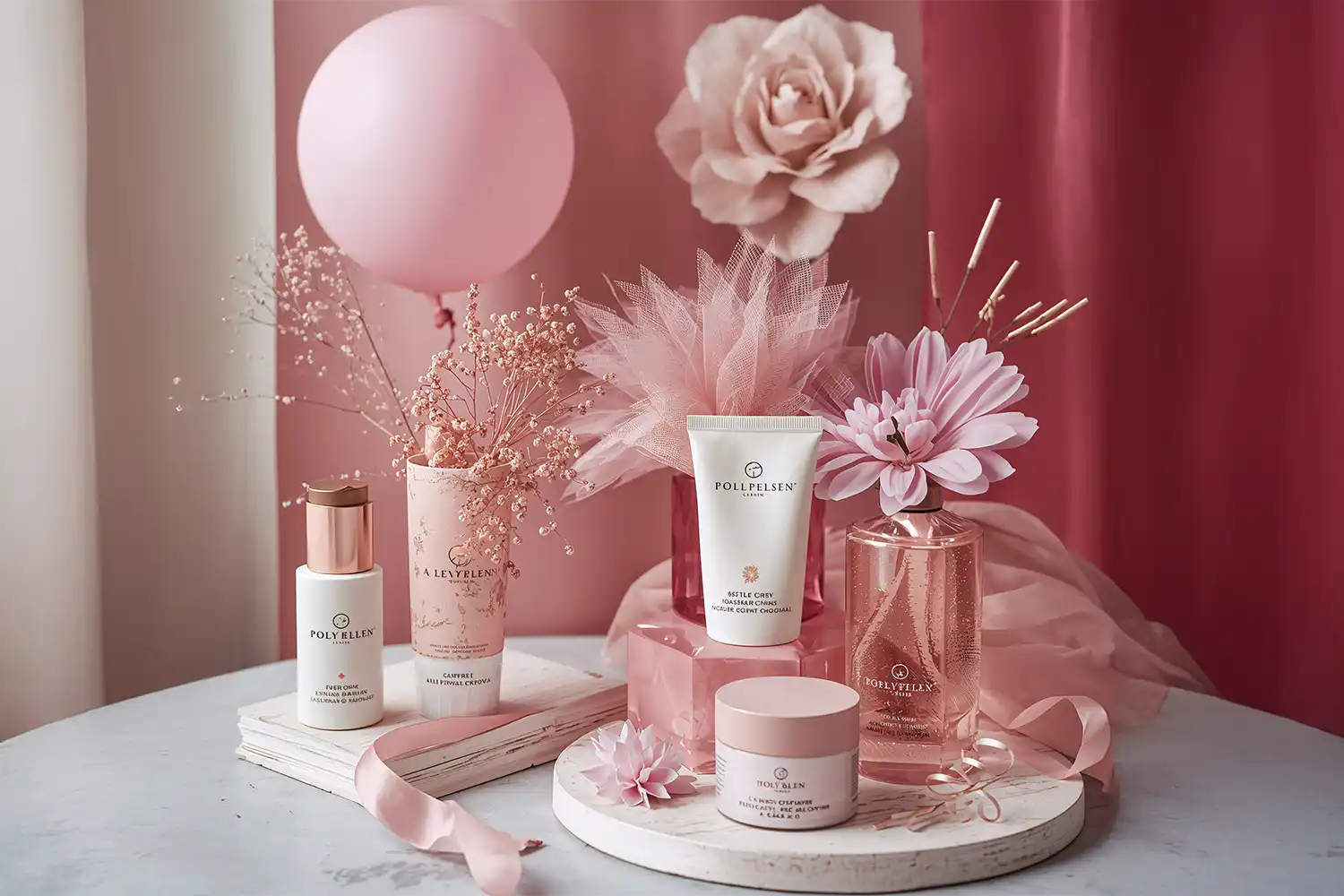 kolorowe zdjęcie reklamowe kosmetyków na stoliku z różowymi dodatkami oraz kwiatami i balonem